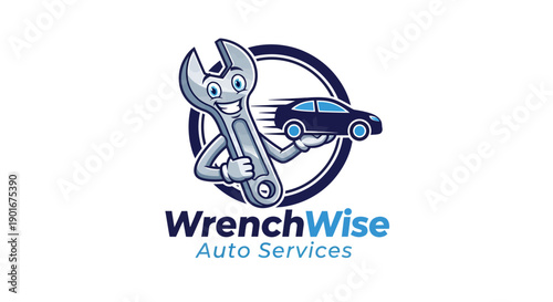 WrenchWise Auto Services Logo with Cartoon Wrench and Car.