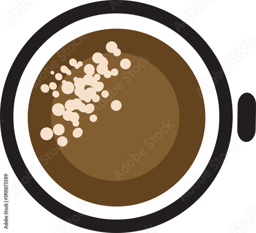 A cup of coffee with milk foam on top, viewed from directly above, in a black mug on a simple background