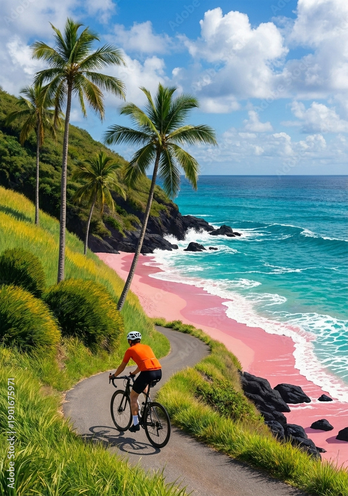 Fototapeta premium Cyclist Riding on Winding Coastal Road Next to Tropical Pink Sand Beach: Concept of Active Travel, Summer Vacation, Healthy Lifestyle, and Scenic Adventure