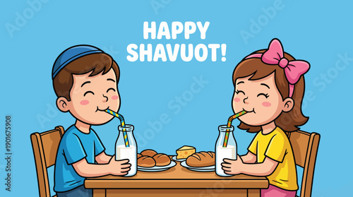 Happy Shavuot Greeting Card: Cartoon Jewish Children Celebrating the Holiday of Weeks with Milk, Cheese, and Traditional Dairy Foods.