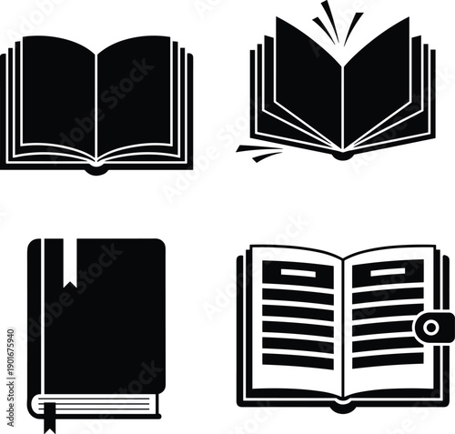 Black and white book icons vector illustration set featuring open, closed, bookmarked, and locked diary designs for reading, study, and journaling