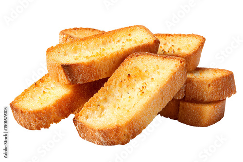 Crispy golden toasted bread slices arranged neatly on a clean surface