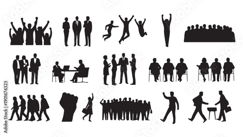 Dynamic collection of black and white silhouettes illustrating diverse human activities, professional interactions, and social group scenarios