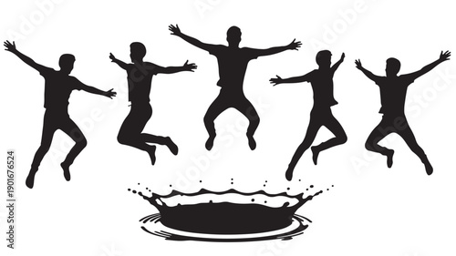 A dynamic black and white illustration capturing the exhilarating freedom and joy of five silhouetted figures leaping joyfully above a water splash