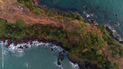 Aerial top-down drone view of Cabo de Rama cliff and Sleeping Buddha Point, showing coconut palms, lush greenery, rocky coastline, and ocean waves hitting from both sides of the peninsula