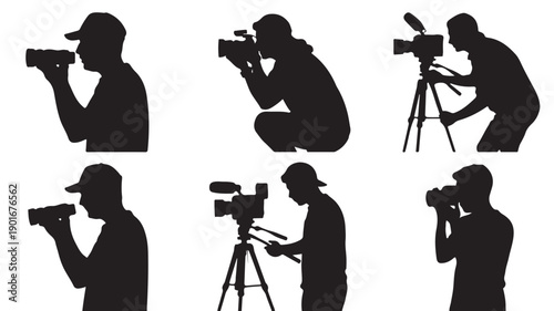 A collection of dynamic black and white silhouettes depicting professional photographers and videographers in various action poses, skillfully capturing moments with cameras and essential equipment
