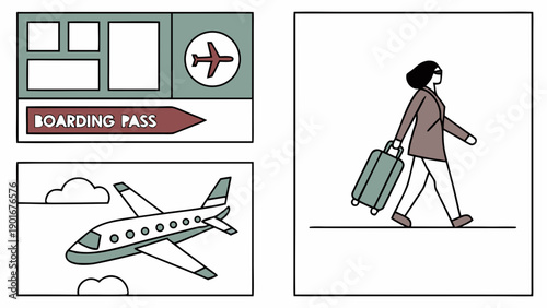 Illustrations of air travel elements boarding pass passenger and airplane.