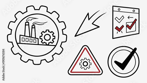 Industrial Process and Quality Control Icons Factory Arrow Calendar Warning Checkmark.
