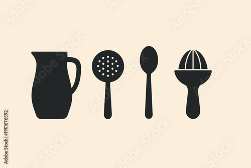 Kitchen Utensils Pitcher Skimmer Spoon and Citrus Juicer.