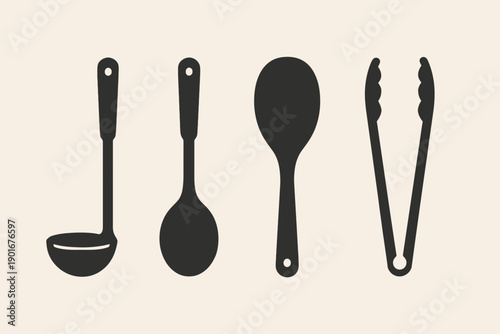 Kitchen Utensils Ladle Spoon Serving Spoon and Tongs Silhouette.
