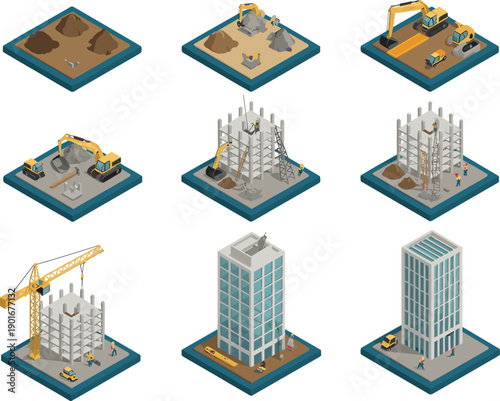 Isometric building construction process illustration showing foundation, excavation, structural framework, crane work and completed high-rise buildings for urban development vector