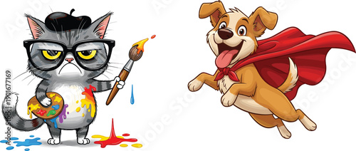 Grumpy artist cat with paintbrush, superhero flying dog in cape, cartoon animals, creative pets, colorful illustration, fun characters, expressive design