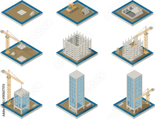 Isometric building construction stages illustration showing foundation, excavation, crane work, structural framework and completed skyscraper for urban development vector design