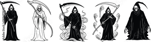 Grim reaper illustration set, dark hooded skeleton with scythe, death angel artwork, horror gothic design, spooky vector collection