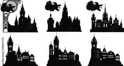 Gothic castle silhouette, Santa sleigh reindeer, Christmas fantasy, medieval architecture, holiday magic, dark fairytale, festive night, winter wonderland, illustration, vector