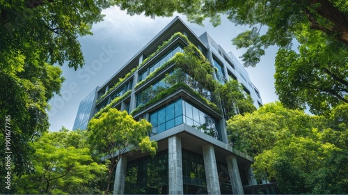 Net Zero Office: Modern Sustainable Architecture Surrounded by Vibrant Greenery
