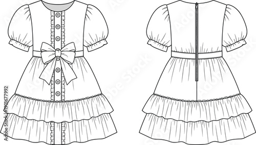 Girls ruffle dress fashion flat sketch with puff sleeves, front bow detail, tiered skirt, vector technical drawing for apparel design