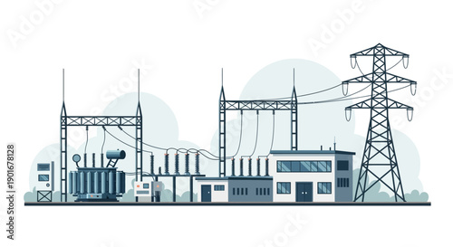 Flat design illustration of an industrial power grid substation with transformers, utility poles, and an electricity tower, representing energy infrastructure and distribution network