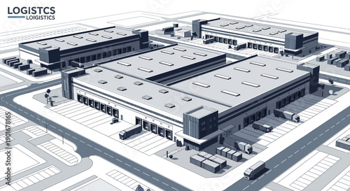 Architectural illustration of a modern logistics park with multiple warehouses, loading docks, and truck parking, vital for efficient global supply chain