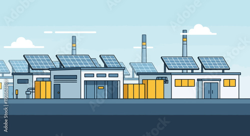 Modern Industrial Park Utilizing Solar Panels for Sustainable Energy Production and Eco-Friendly Manufacturing in a Clean Environment Vector Illustration