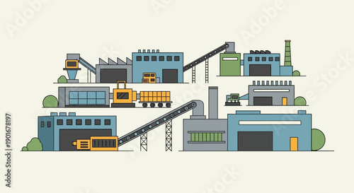 Industrial complex flat design illustration. Features factory buildings, processing plants, and material handling systems. Symbolizes modern manufacturing and production efficiency