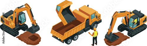 Isometric construction site illustration with excavator dump truck and worker loading soil for heavy machinery earthmoving vector design industrial equipment