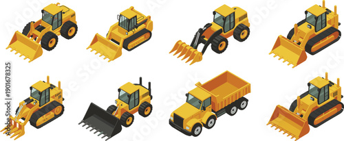 Isometric construction vehicle set featuring loaders, bulldozers, excavators and dump truck for heavy machinery industrial equipment vector illustration