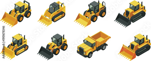 Isometric construction vehicle set with loaders, bulldozers, tracked machines and dump truck for heavy machinery industrial equipment vector illustration