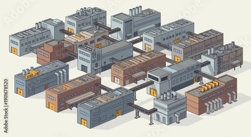 Isometric illustration of a vast industrial manufacturing network, showcasing interconnected factories and production facilities forming a streamlined supply chain system for efficient processing