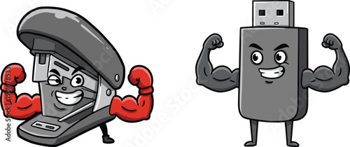 Funny office supplies with muscles, anthropomorphic stapler and USB drive, cartoon style, strong characters, humorous workplace concept, creative illustration