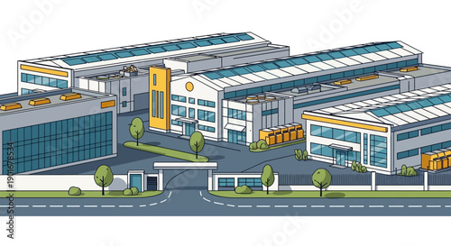 Modern industrial park illustration with factory buildings, warehouses, and roads, depicting manufacturing, logistics, and business operations
