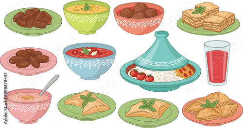 Traditional Middle Eastern Ramadan iftar food vector collection with desserts drinks dates tagine bowls plates colorful flat illustration set
