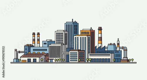 Modern industrial city landscape illustration featuring a vibrant array of factories, commercial buildings, and urban structures under a clear sky, symbolizing growth and development