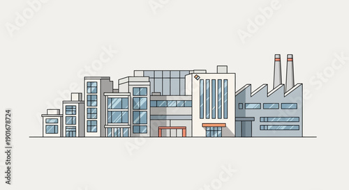 Modern architectural cityscape illustration in line art, depicting corporate offices, commercial centers, and industrial factories, representing urban development and business growth