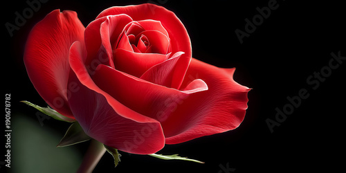 A stunning close-up of a vibrant red rose with delicate petals, symbolizing love and beauty against a dark background.