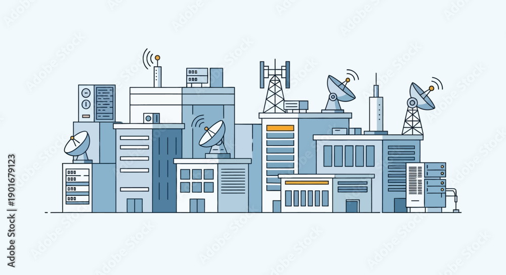 Obraz premium Modern urban skyline featuring buildings equipped with diverse communication antennas and satellite dishes, illustrating the intricate web of digital connectivity and smart city infrastructure