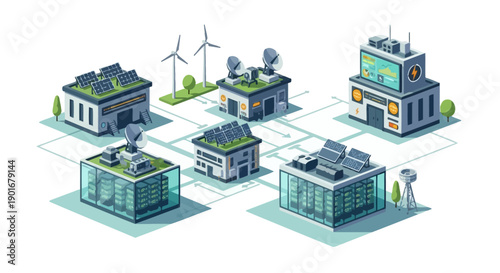 Isometric illustration of an interconnected smart city grid featuring sustainable energy solutions and modern data centers, representing a future technological infrastructure