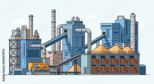 Modern industrial wood processing plant illustration with factory buildings, tall chimneys, active conveyor belts, and stockpiles of lumber and wood chips
