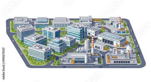Isometric illustration of a sprawling urban industrial and business park, featuring modern office buildings, diverse factories, and a detailed road network conveying connectivity and economic activity