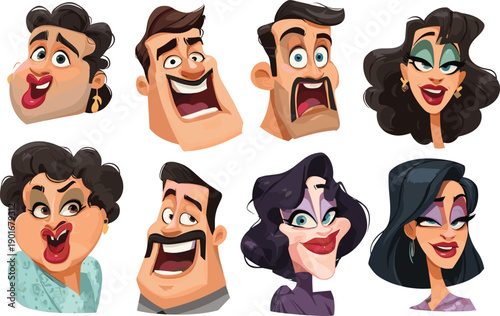 Funny cartoon character faces collection, expressive people portraits, exaggerated emotions, vector illustration for animation, comics, avatars, caricature art design