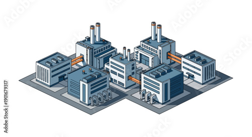 Isometric illustration of an interconnected industrial complex, featuring multiple modern factories symbolizing advanced manufacturing, streamlined production, and logistical supply chain networks