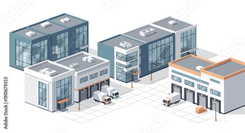 Modern isometric illustration of an urban logistics and industrial park, depicting efficient supply chain operations and global distribution for businesses