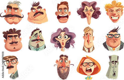 Funny cartoon character faces collection, expressive people illustration, emotional caricature art, comic style drawing, humorous portraits, exaggerated expressions design