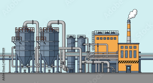 Industrial manufacturing plant featuring storage silos, intricate pipe systems, and a chimney, depicting a modern factory environment and production facility