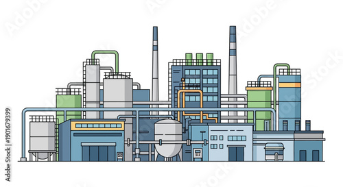 Modern industrial factory complex illustration manufacturing plant with buildings, smokestacks, pipes, representing industrial production, technology, and infrastructure