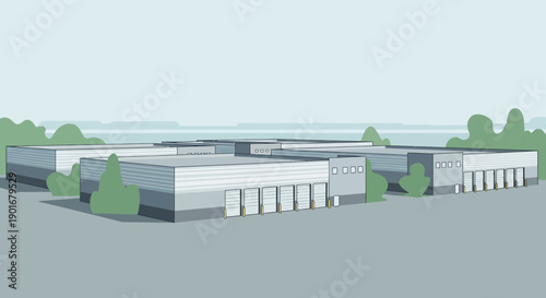 Expansive Modern Logistics Hub and Industrial Park with Multiple Distribution Warehouses and Loading Bays for Efficient Global Supply Chain Management