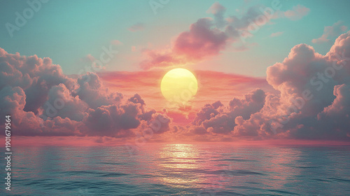 Dreamlike sunset over calm ocean with glowing sun casting warm light on fluffy clouds and gentle water, creating peaceful and serene atmosphere in vibrant colors