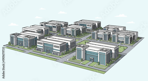Modern Industrial Park Complex with Multiple Contemporary Buildings and Roads, Representing Urban Development and Business Growth. Detailed Vector Illustration