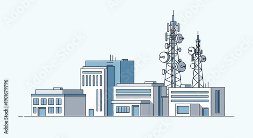 Modern city skyline with multiple tall communication towers and sleek office buildings, illustrating urban technology infrastructure, digital connectivity, and global communication networks