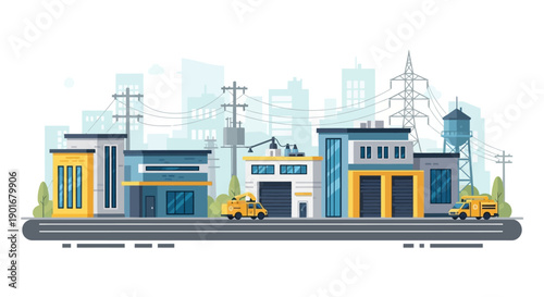 Dynamic cityscape illustration showcasing a bustling industrial and commercial district with modern factory buildings, logistic vans, and essential urban infrastructure under a clear sky